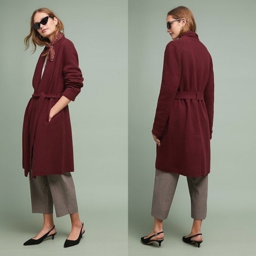 Anthropologie Burgundy Belted Wool-Blend Coat